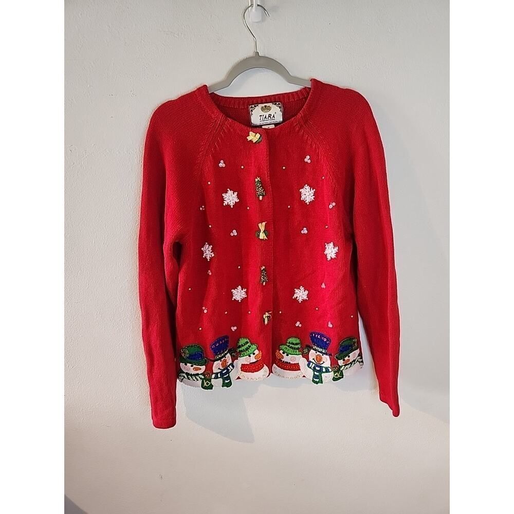 Vtg Tiara International Snowman Christmas Sweater Womens Red Cardigan Size Med